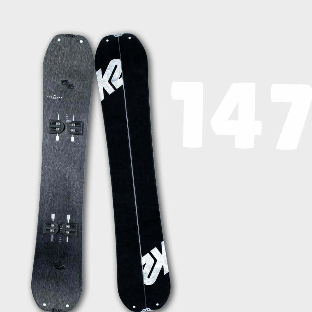 Illustrer l'ensemble de splitboard K2 Marauder 147 disponible en location chez Splitboard QC