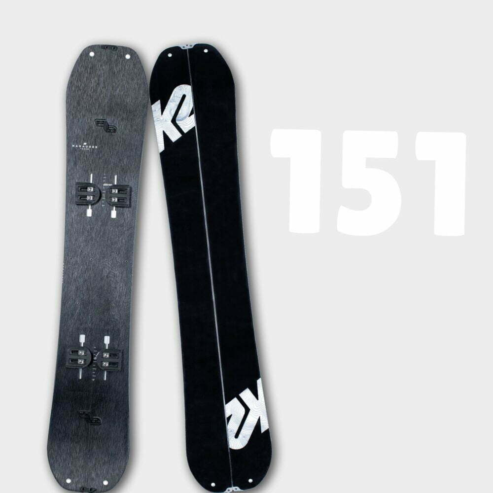 Illustrer l'ensemble de splitboard K2 Marauder 151 disponible en location chez Splitboard QC