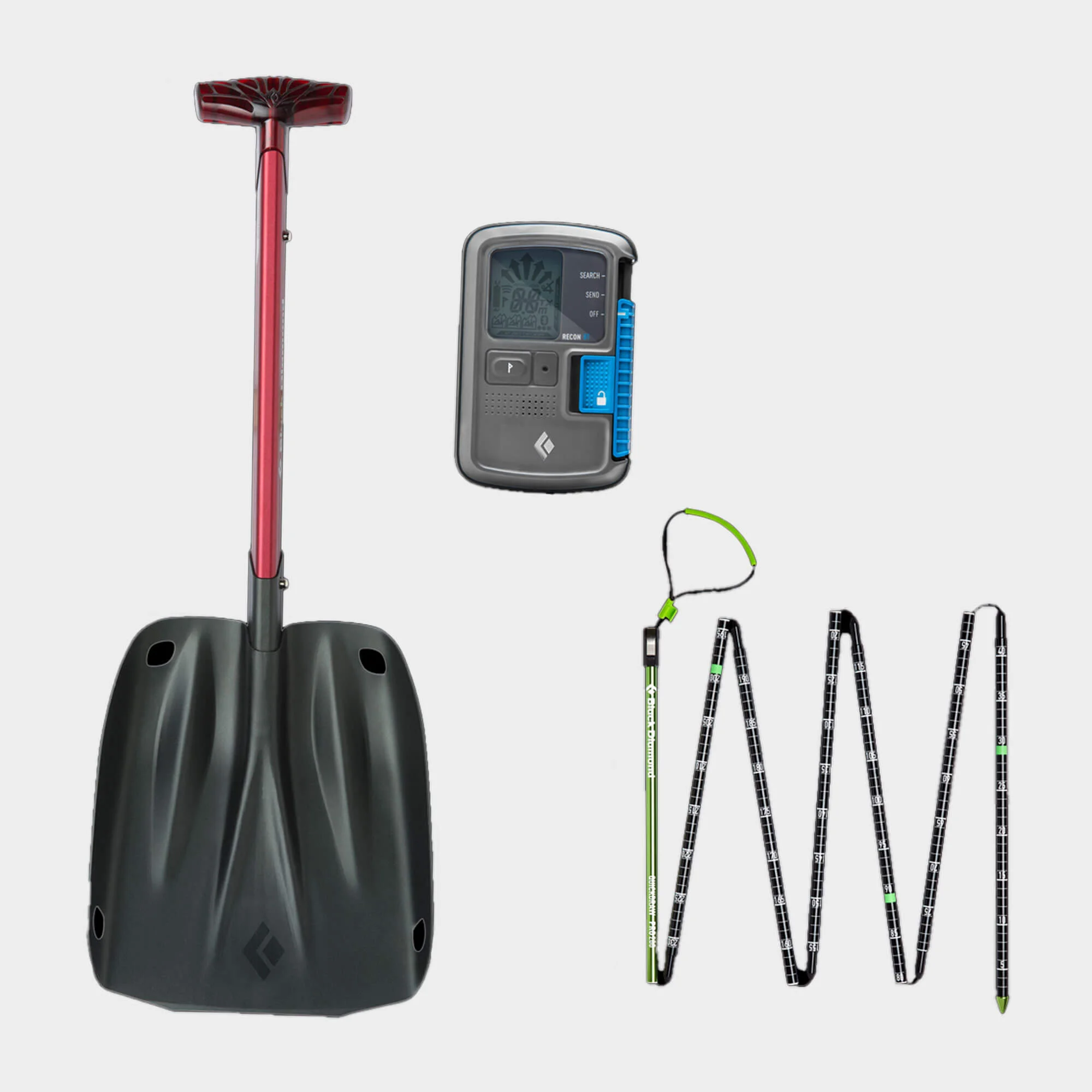 Location de trousse de sauvetage de Black Diamond comprend un DVA Recon, une pelle robuste et fonctionnelle, et une sonde Quickdraw 280.